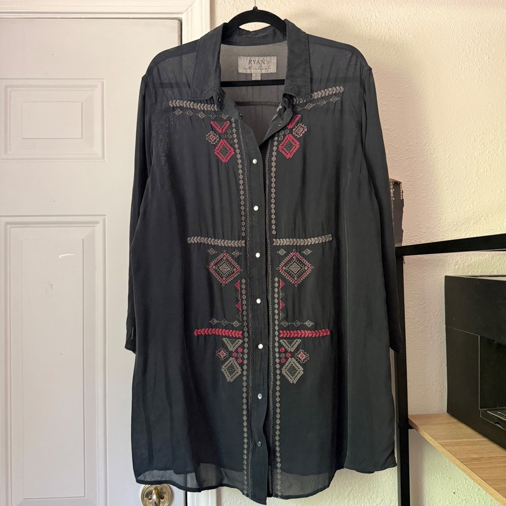RYAN MICHAEL grey semi sheer western embroidered pearl snap long sleeve shirt